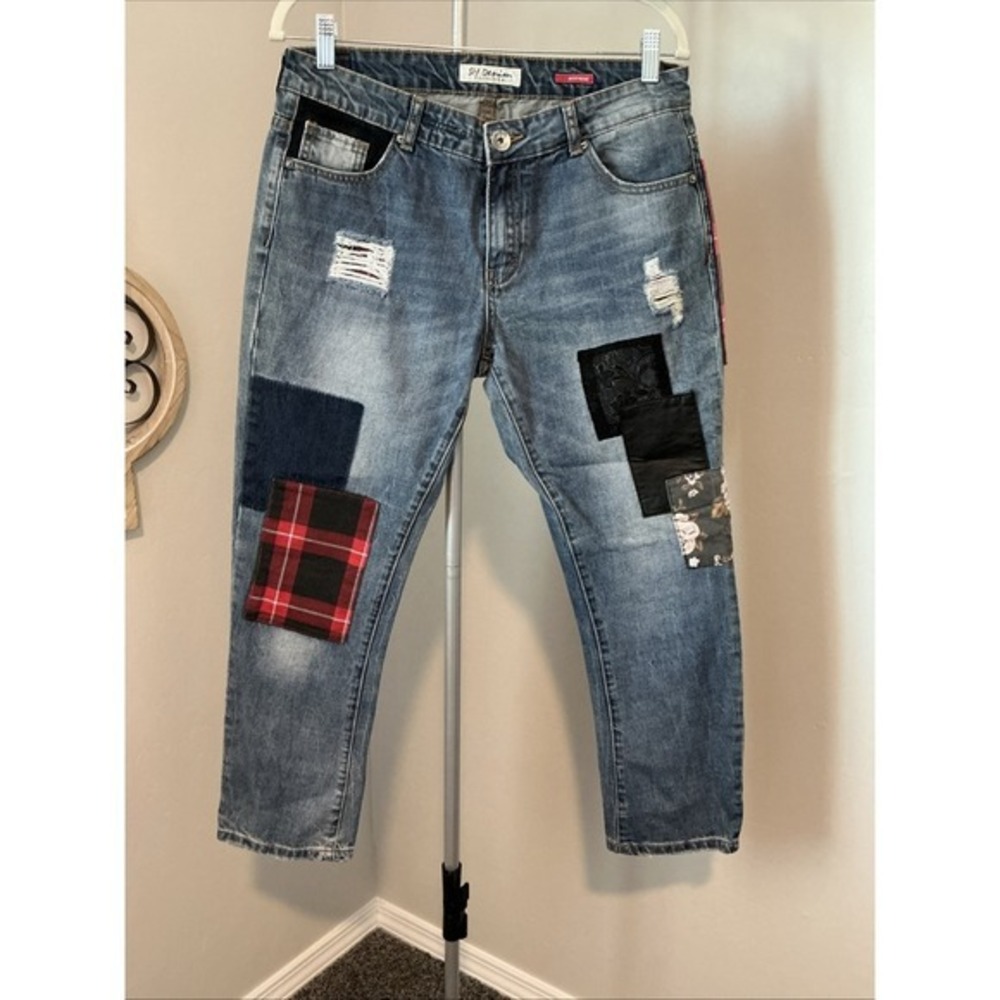 Boyfriend Patchwork Quilt‎ Jeans Sz 28 Relaxed Taper Ankle SH Denim Collection